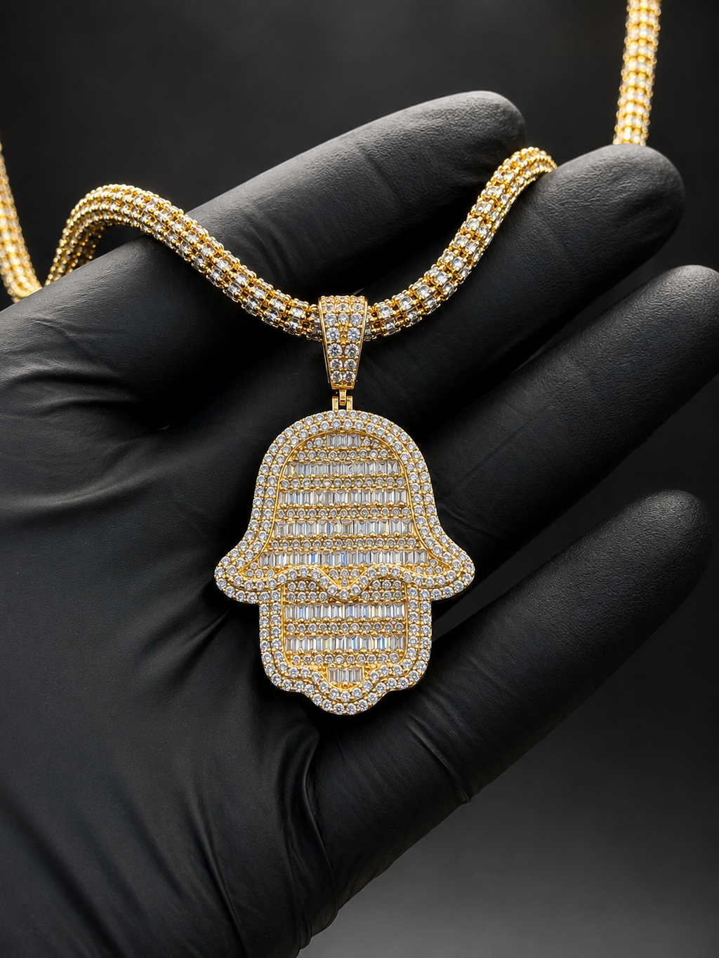 ICE CHAIN 5MM + HAMSA PENDANT REAL 14K GOLD