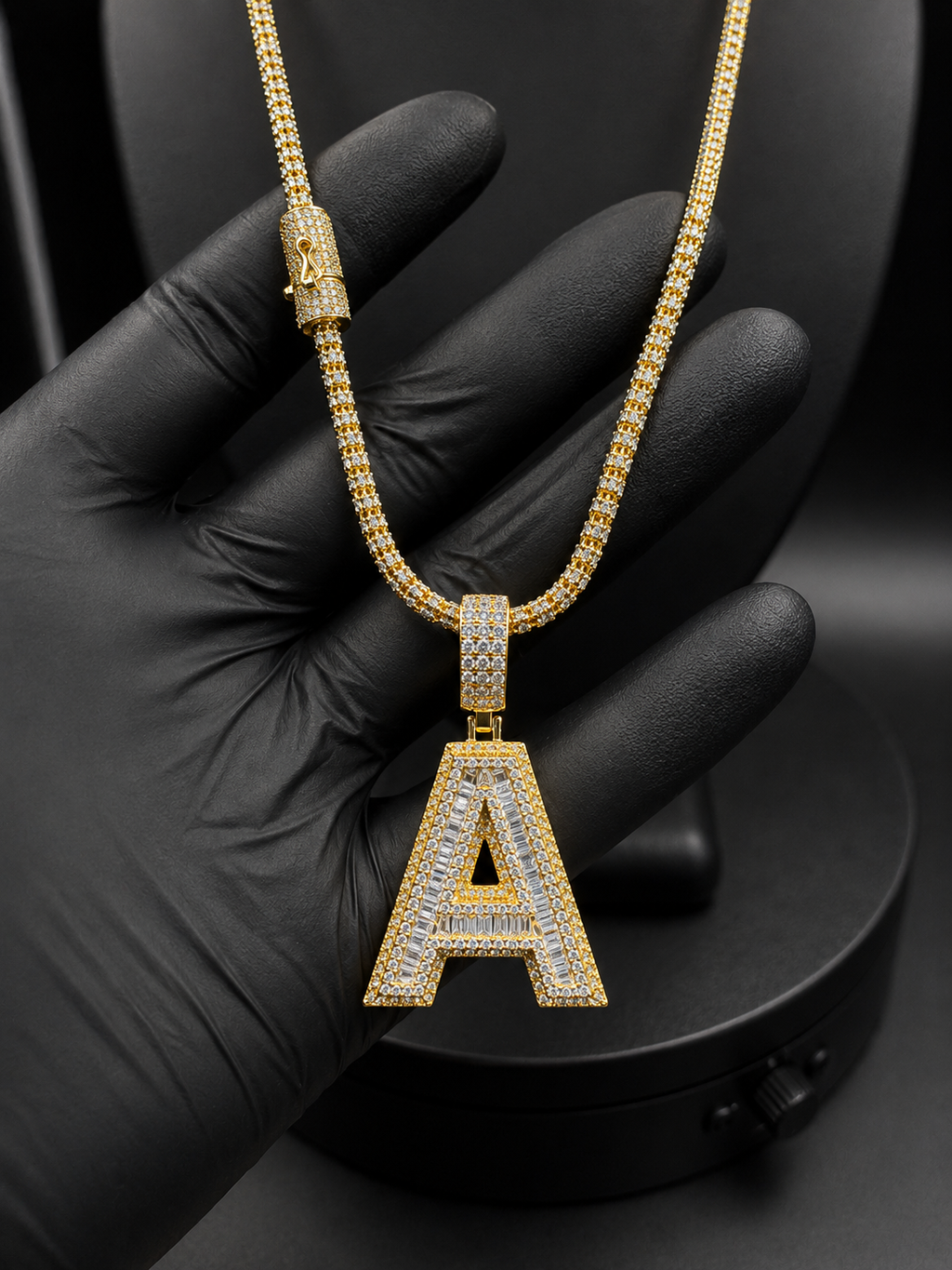 3.5 MM MOISSANITE LOCK Moon Ice Cut Chain inches + ANY LETTER Pendant