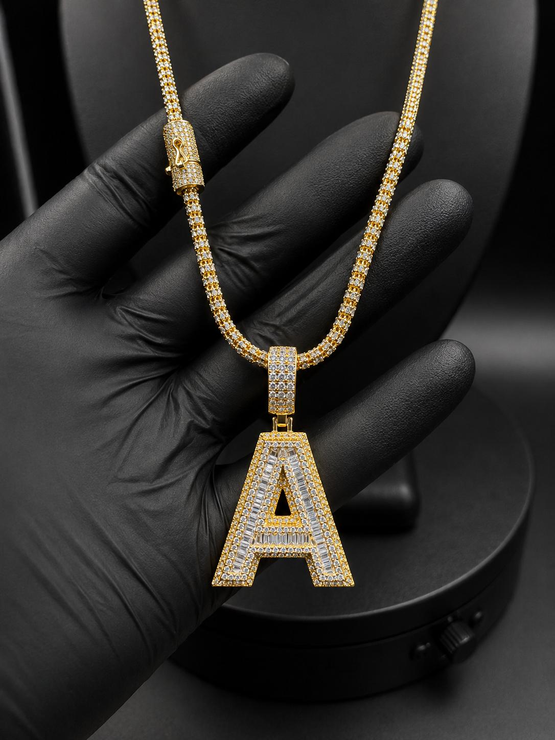3.5 MM MOISSANITE LOCK Moon Ice Cut Chain inches + ANY LETTER Pendant