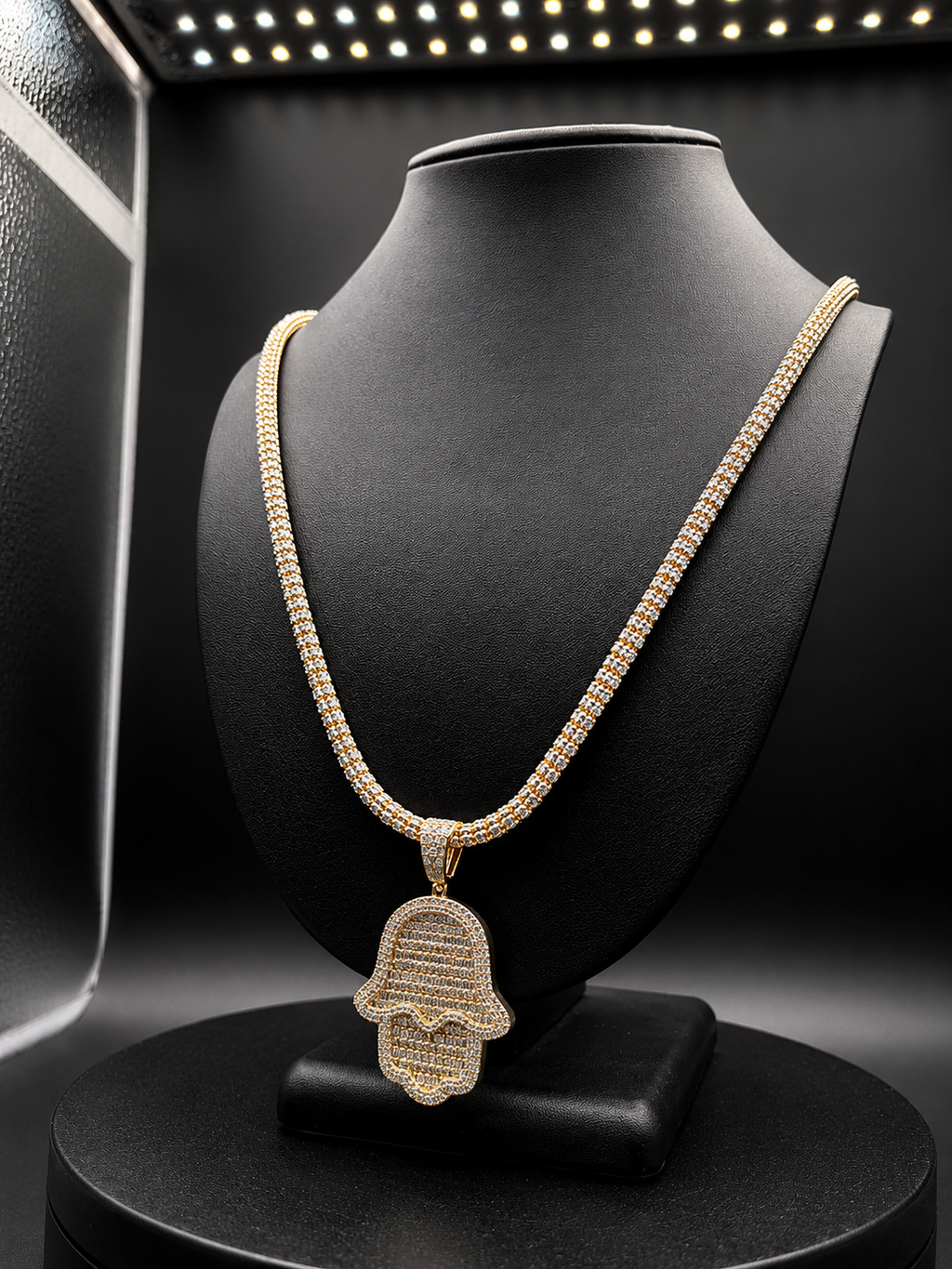 ICE CHAIN 5MM + HAMSA PENDANT REAL 14K GOLD