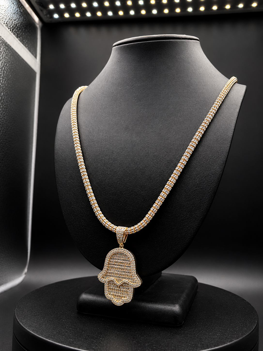 ICE CHAIN 5MM + HAMSA PENDANT REAL 14K GOLD