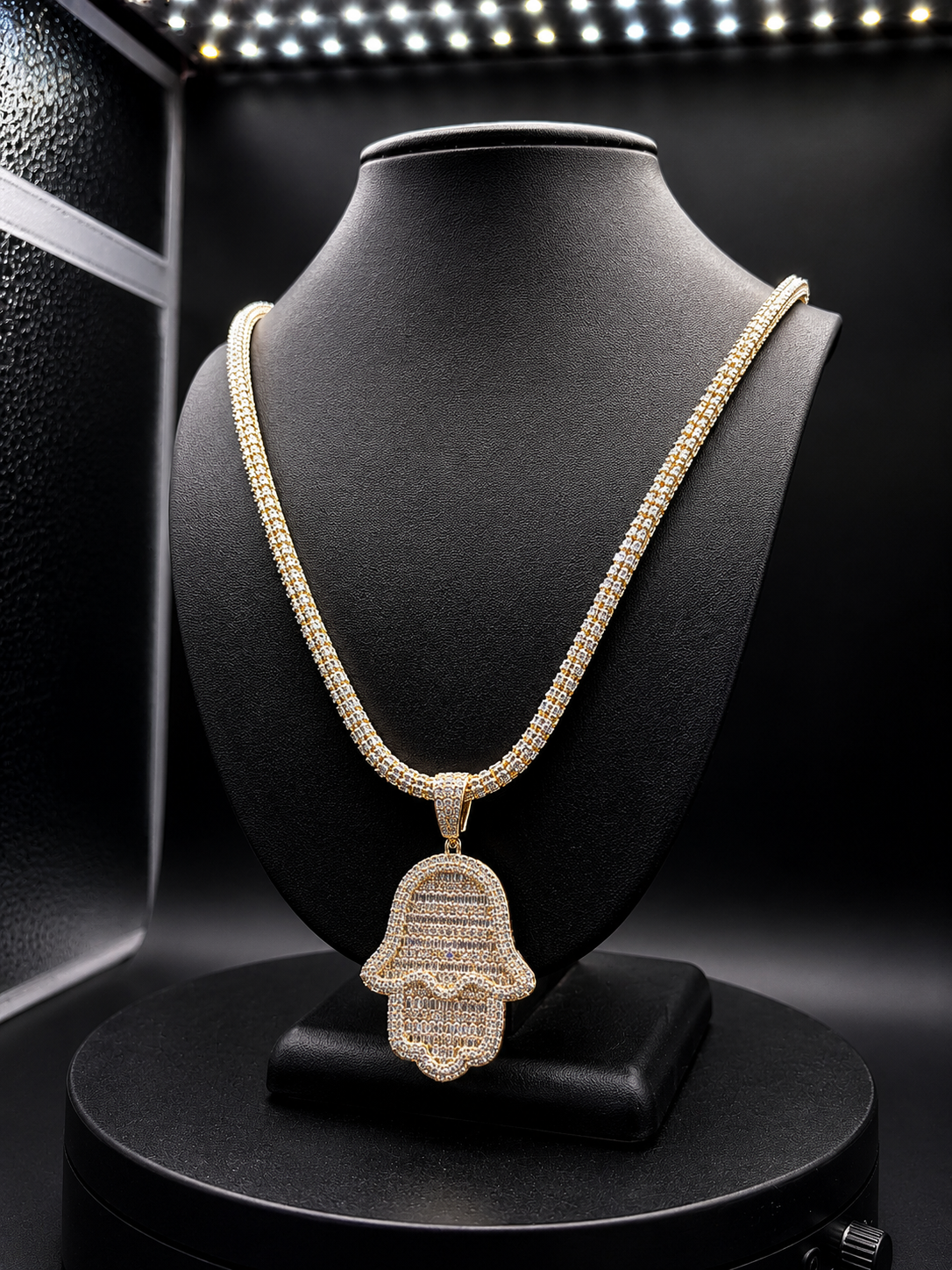 ICE CHAIN 5MM + HAMSA PENDANT REAL 14K GOLD