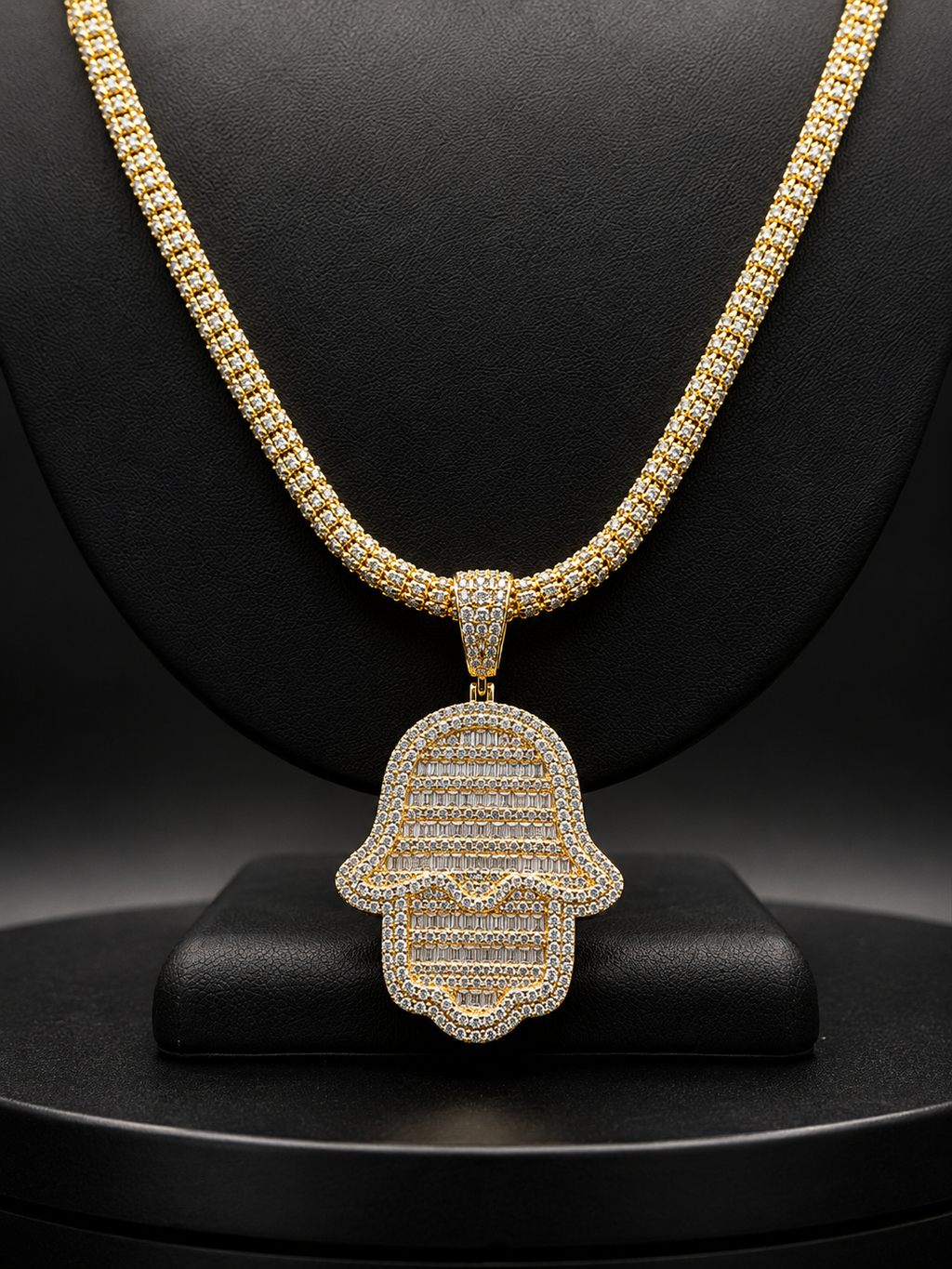 ICE CHAIN 5MM + HAMSA PENDANT REAL 14K GOLD