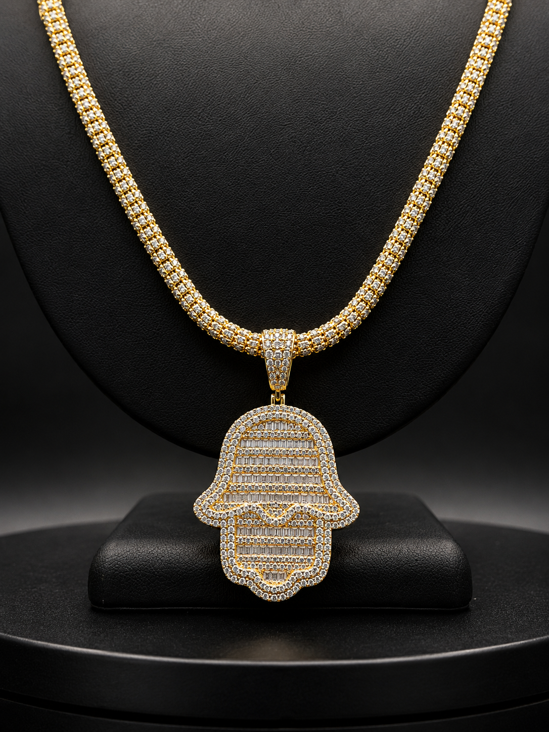ICE CHAIN 5MM + HAMSA PENDANT REAL 14K GOLD